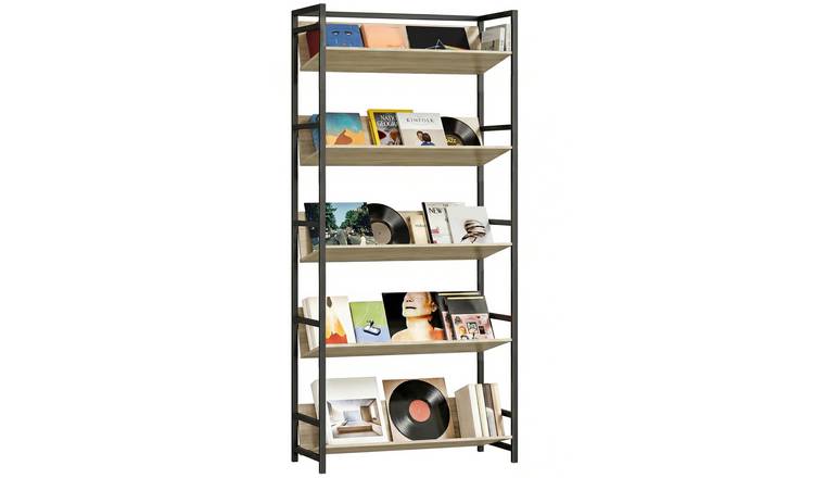 HOMCOM 5 Tier Metal Storage Bookcase - Oak