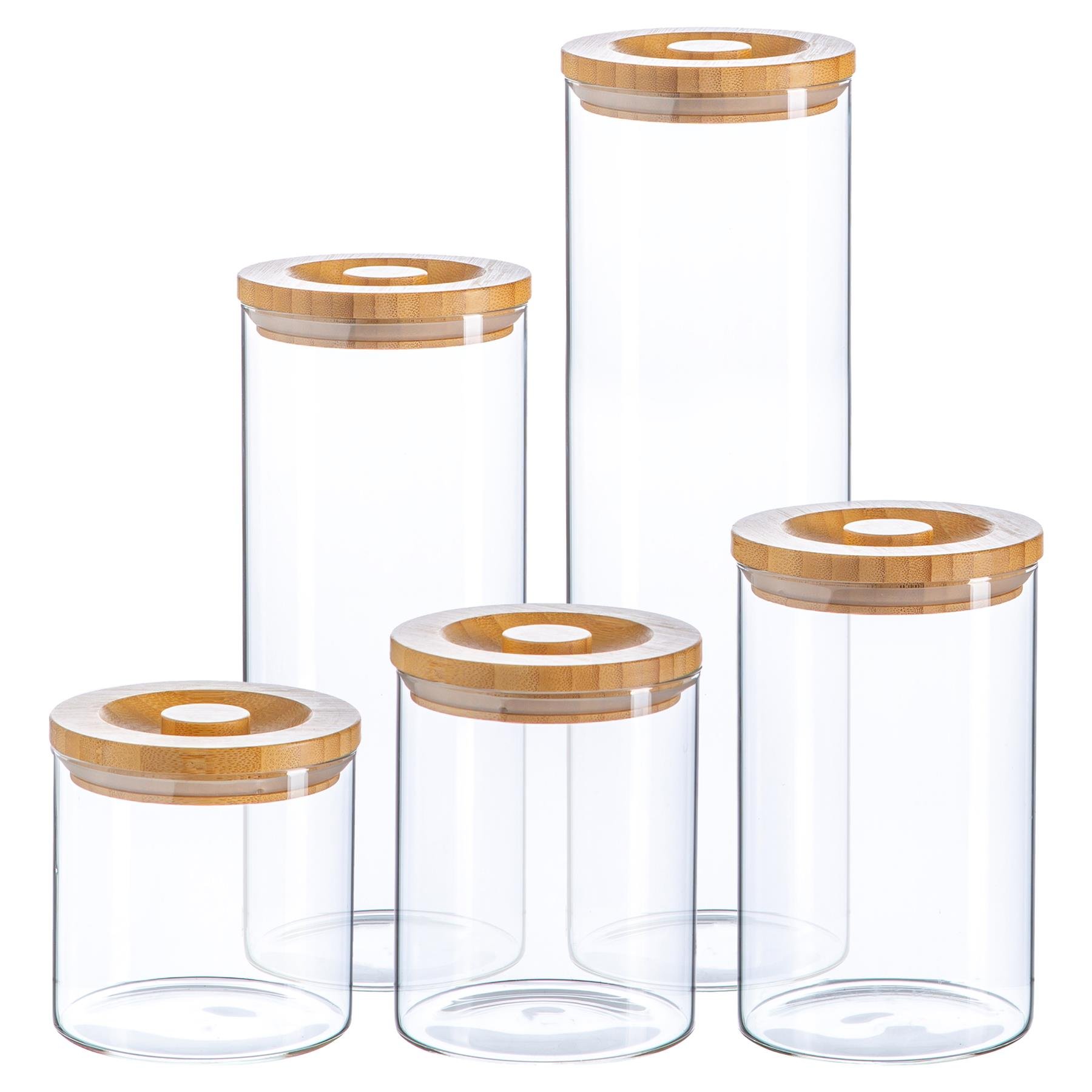 Argon Tableware 5pc Scandi Storage Jar Set with Carved Wooden Lids - Image 1