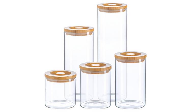 Argon Tableware 5pc Scandi Storage Jar Set with Carved Wooden Lids
