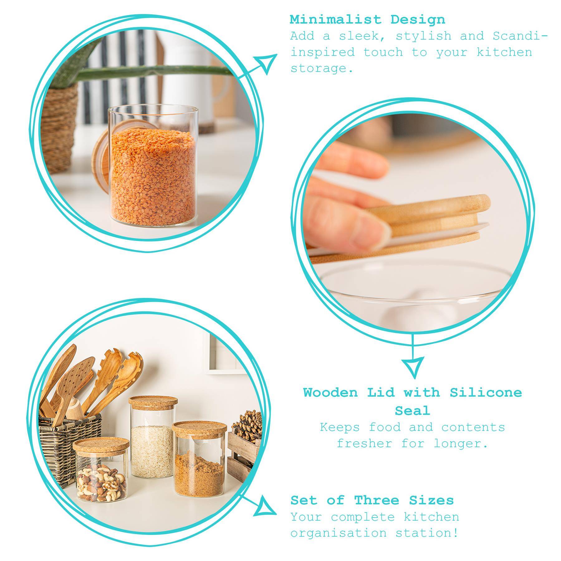 Argon Tableware 5pc Scandi Storage Jar Set with Carved Wooden Lids - Image 2
