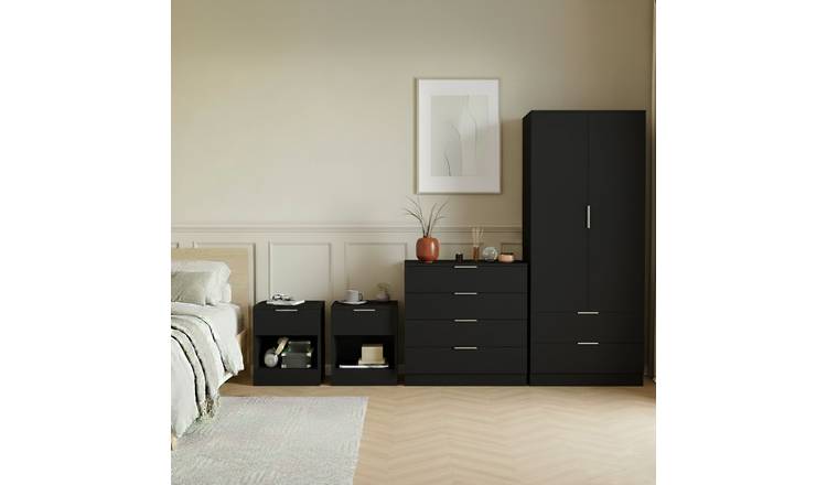 Vida Designs Trega Bedroom Set (Bedsides, 4 Drawer Chest, 2x2 Wardrobe) - Black