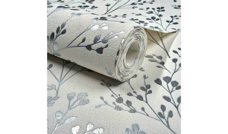 Grandeco Calluna Delicate Metallic Sprig Blown Vinyl Wallpaper - White Silver