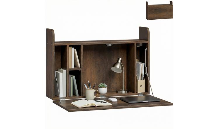 HOMCOM Floating Wall Mounted Table with Storage Shelves- Dark Brown