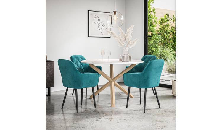 Furniture Online Malvern Anika Marble Top Dining Table & 4 Blue Chairs