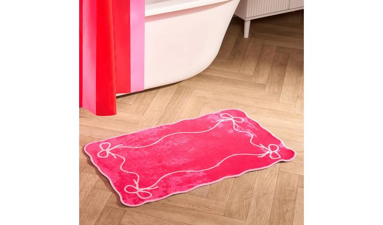 OHS Bow Print Velvet Bath Mat - 45 x 75cm - Pink