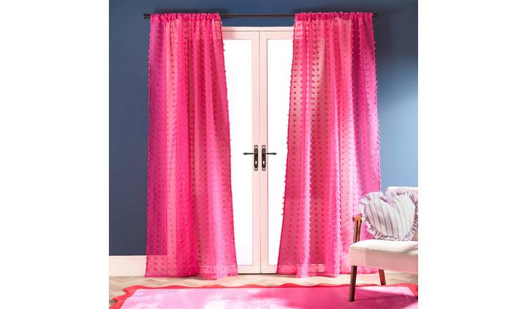 OHS Pompom Tufted Voile Curtains 140 x 224cm - Hot Pink