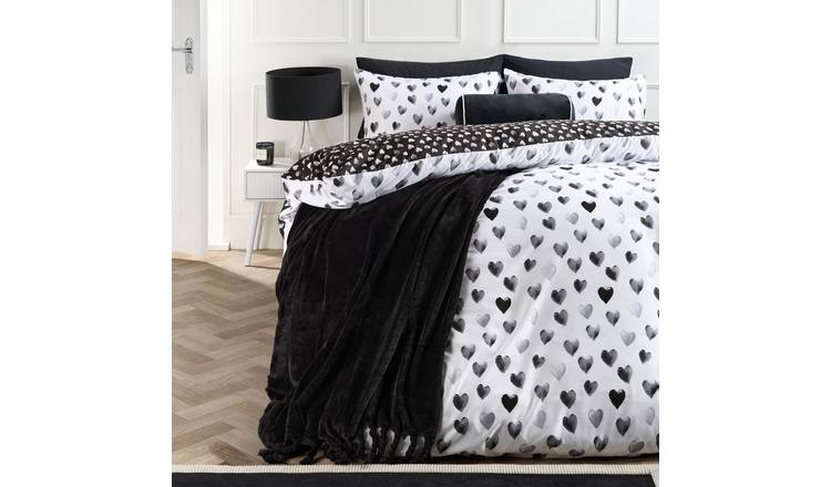 OHS Watercolour Hearts Duvet Cover Set Microfibre Bedding Black - Double