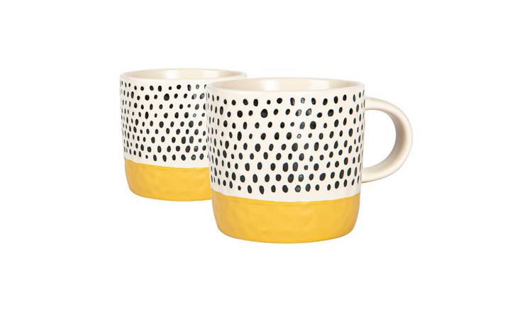 Nicola Spring Ceramic Dipped Dots Coffee Mugs - 385ml - Mustard - Pack of 2