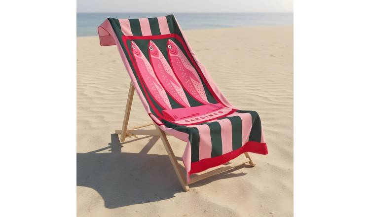 OHS Sardine Striped Microfibre Beach Towel - Pink/Green