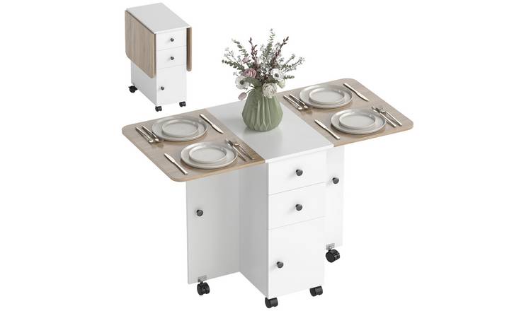 HOMCOM Rolling Drop Leaf Table on Wheels with Drawers - Oak and White