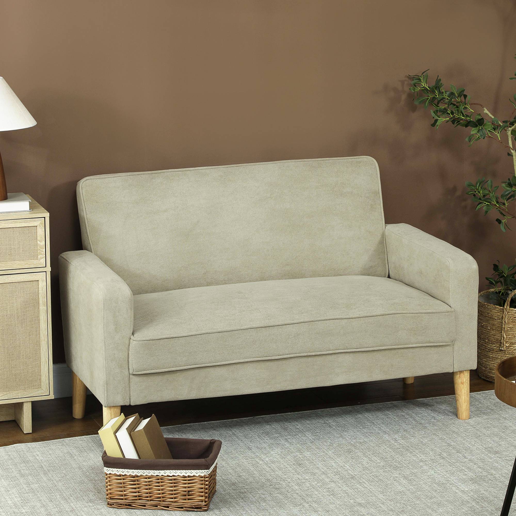 HOMCOM 2 Seater Velvet Modern Sofa with Rubber Wood Legs - Beige - Image 2