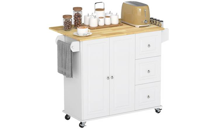 HOMCOM Wooden Rolling Kitchen Storage Trolley with Spice Rack - White