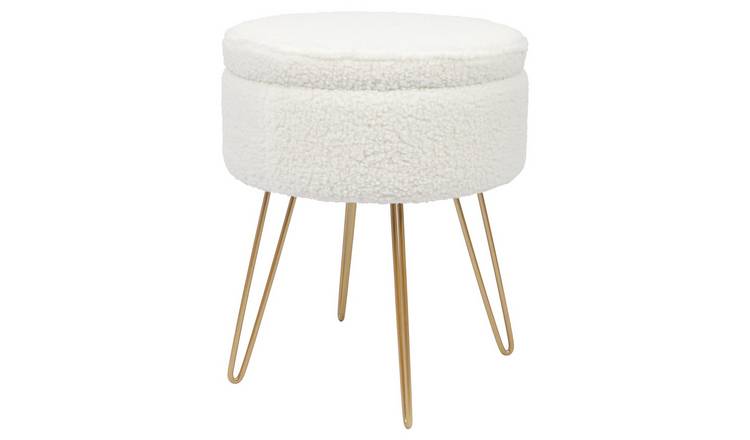 Harbour Housewares Round Velvet Storage Footstool with Gold Legs - Cream