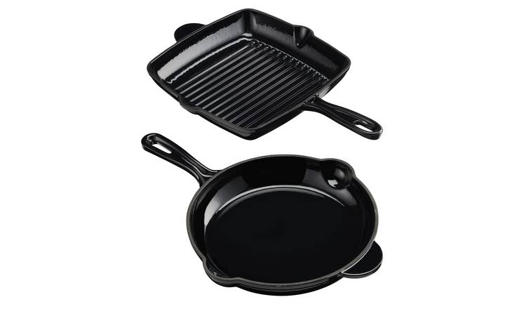 Cooks Professional 2 Piece Cast Iron Frying Pan and Skillet Set - Black
