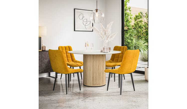 Furniture Online Arlo Nova Marble Top w Oak Legs Dining Table & 6 Mustard Chairs