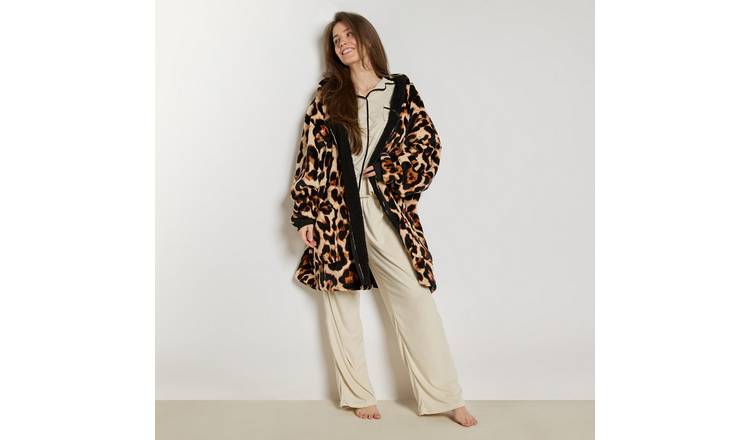 OHS Leopard Print Zipper Hoodie Blanket - One Size - Natural