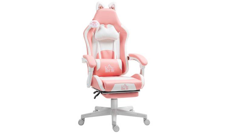 Homcom Faux Leather Cat Ear Reclining Gaming Chair with Footrest – Pink