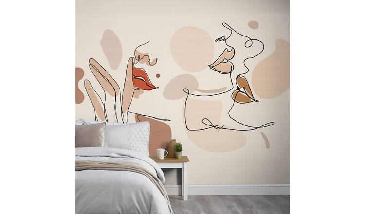 Grandeco Abstract Faces Red Lip Make-up 7 Panel Mural - 3.71 x 2.8m - Blush Pink