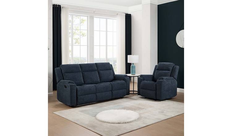 Furniture Online Orka Manual Recliner Chenille 1+3 Seater Sofa Set - Blue