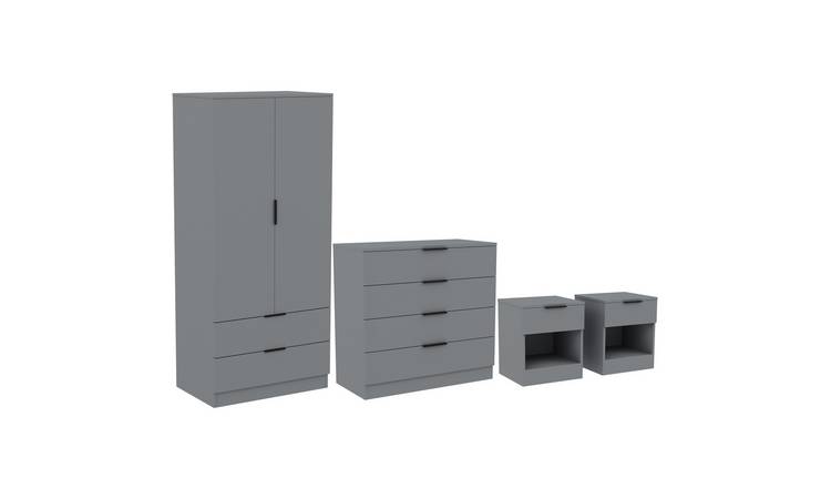 Vida Designs Trega Bedroom Set (Bedsides, 4 Drawer Chest, 2x2 Wardrobe) - Grey