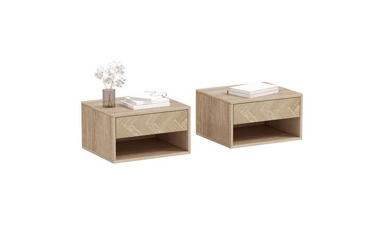 HOMCOM Set of 2 Floating Bedside Table with Drawer and Shelf - Natural Wood