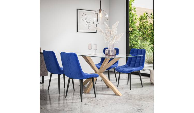 Furniture Online Etta Nova Glass Top Dining Table & 6 Blue Chairs