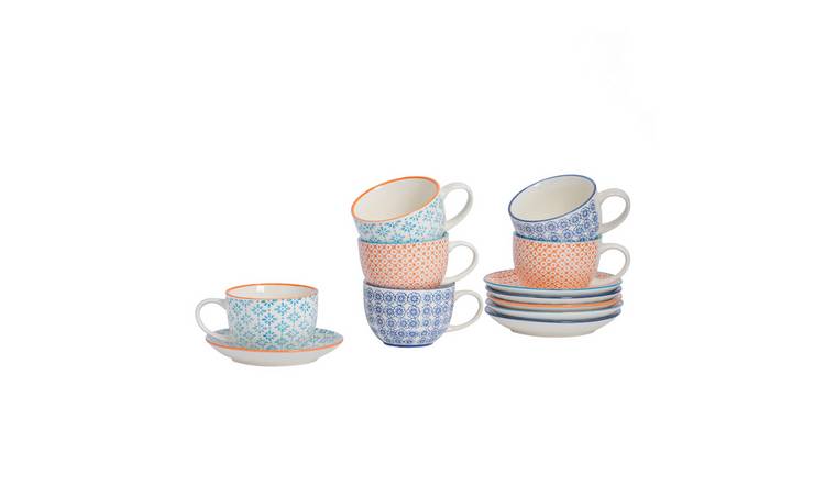 Nicola Spring 12pc Hand-Printed Cappuccino Cup & Saucer Set 250ml - 3 Colours