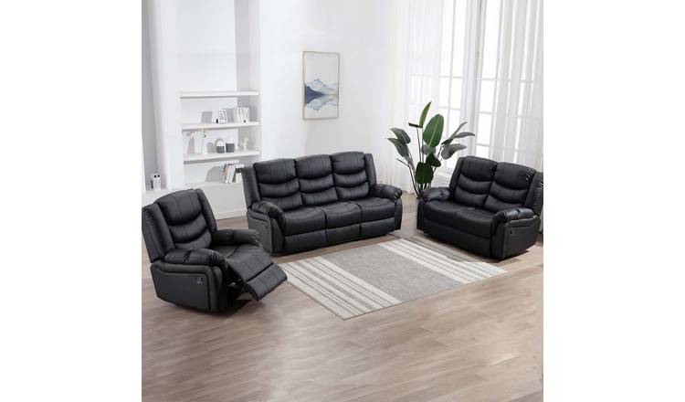 Furniture Online Seattle Manual Recliner Leather 1+2+3 Seater Sofa Set - Black