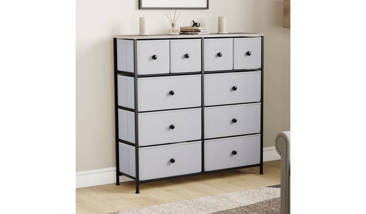 Vida Designs Chorley 10 Drawer Fabric Drawer Chest - Beige & Grey Wood