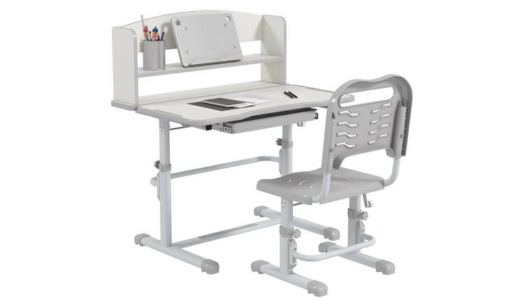 ZONEKIZ Height Adjustable Kids Desk and Chair Set with Drawer Bookshelf - Grey