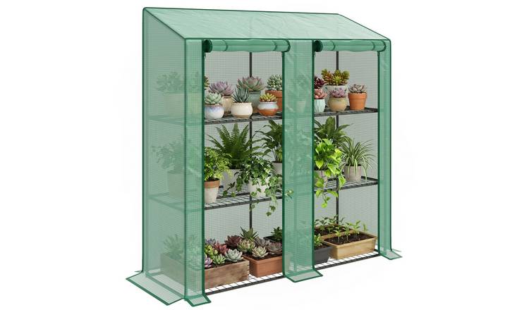 Outsunny Lean-to Double Door 6 Wire Shelves Mini Greenhouse – Green