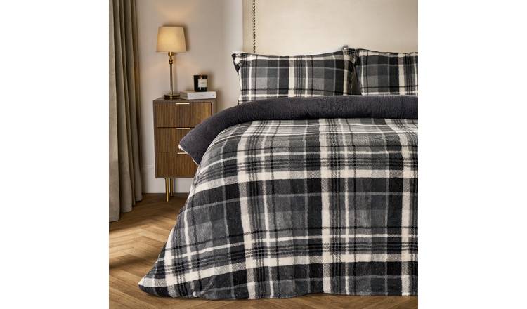 OHS Tartan Check Teddy Fleece Thermal Duvet Cover Bedding Set Charcoal - Double