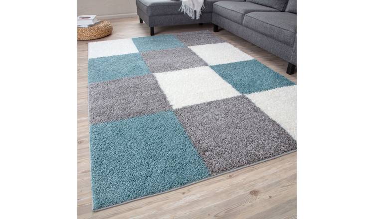 The Rugs Duck Egg Myshaggy Checkered Shaggy Rug - 240 x 340cm