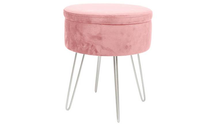 Harbour Housewares Round Velvet Storage Footstool - H45 x D36cm - Pink/Silver