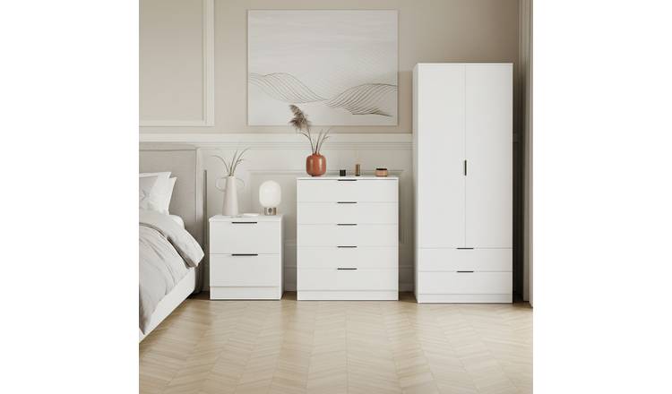 Vida Designs Trega Bedroom Set (Bedside, 5 Drawer Chest, 2x2 Wardrobe) - White