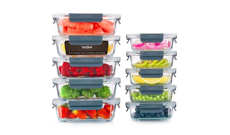 VonShef 10pc 1L/370ml Glass Lidded Meal Prep Food Containers - Clear