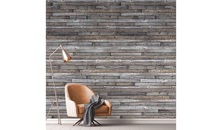 Grandeco  Aged Wood 3 lane Repeatable Textured Wallpaper Mural  - Grey
