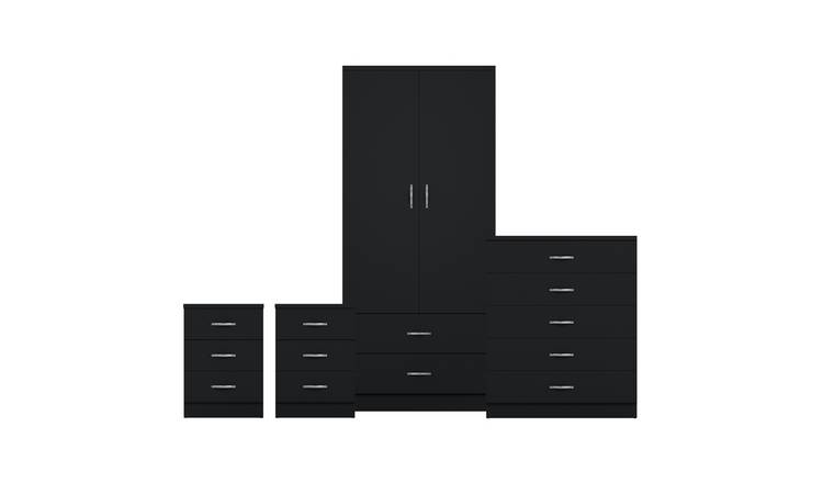 Vida Designs Riano Bedroom Set (Bedsides, 5 Drawer Chest, 2x2 Wardrobe) - Black