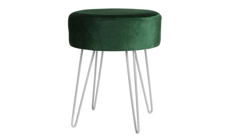 Harbour Housewares Round Velvet Footstool with Silver Legs - Green