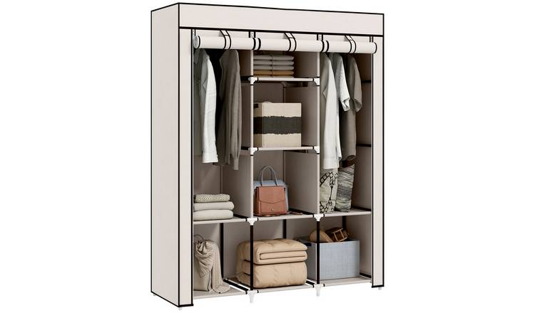 HOMCOM Fabric Wardrobe with 8 Shelves and 2 Hanging Rails - Cream White
