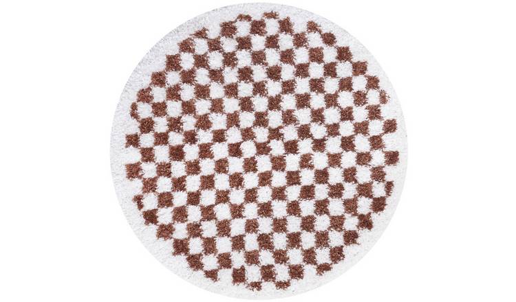 The Rugs Terracotta Moodi Chequered Round Shaggy Rug - 120cm