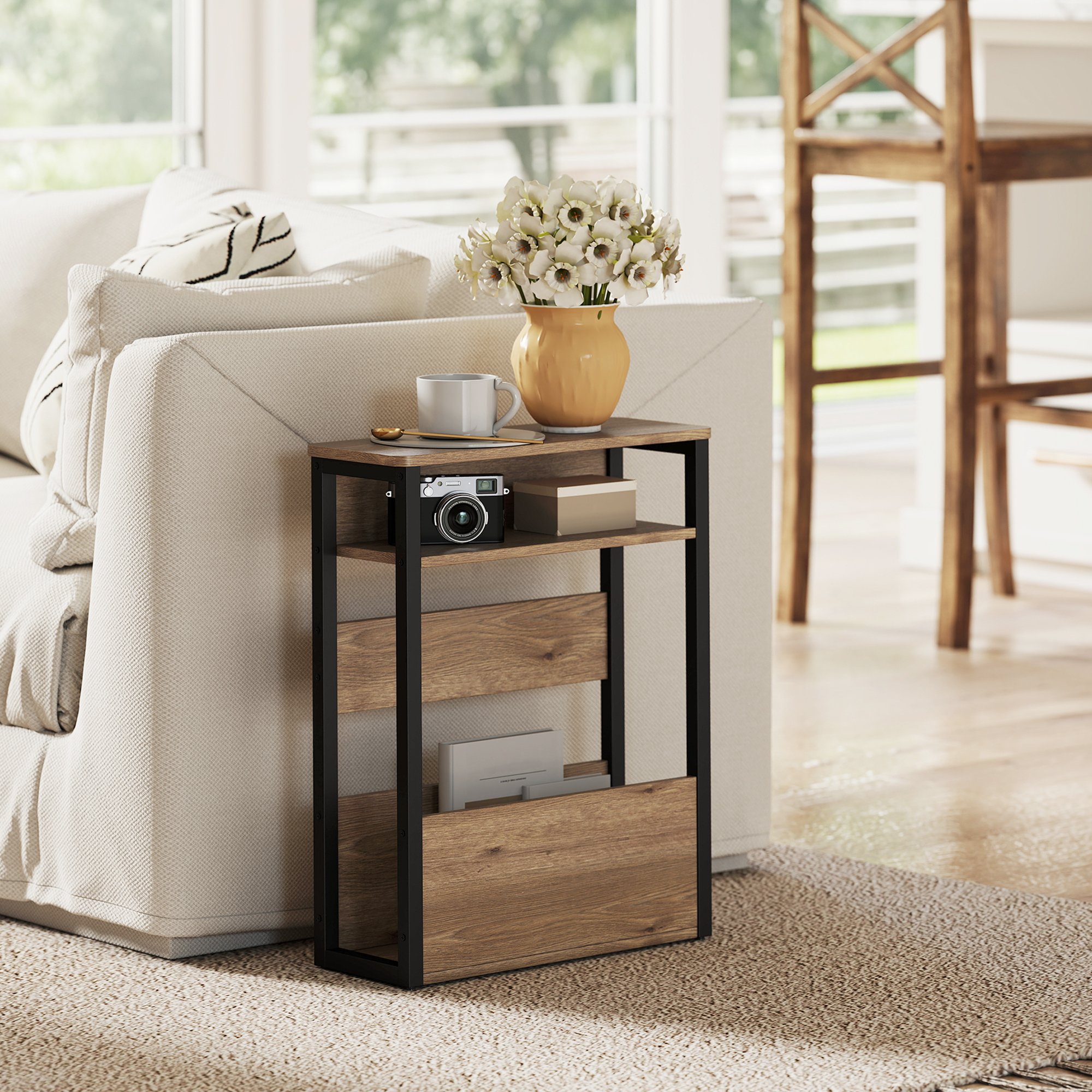 Buy HOMCOM Narrow Side Table with 2 Shelves and Metal Frame