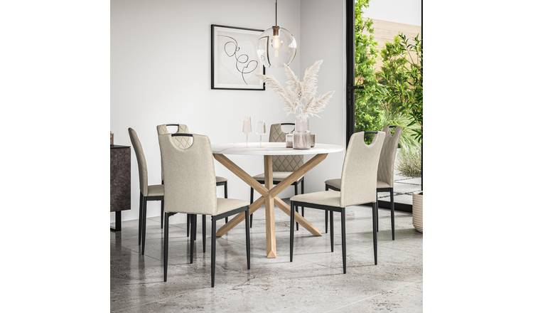 Furniture Online Malvern Monza Marble Top Dining Table & 6 Beige Chairs