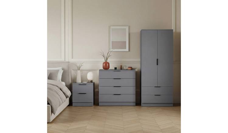 Vida Designs Trega Bedroom Set (Bedside, 4 Drawer Chest, 2x2 Wardrobe) - Grey