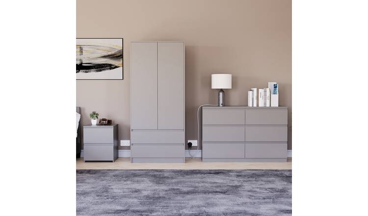 Vida Designs Denver Bedroom Set (Bedside, 6 Drawer Chest, 2x2 Wardrobe) - Grey