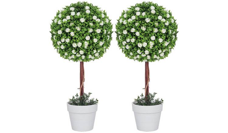 HOMCOM Set of 2 Artificial Ball Topiary Tree with Rose Flower- White