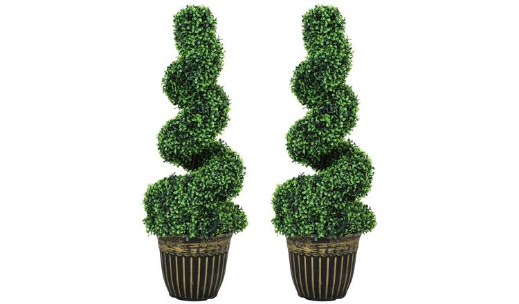 HOMCOM Set of 2 Artificial Topiary Spiral Boxwood Trees - Green