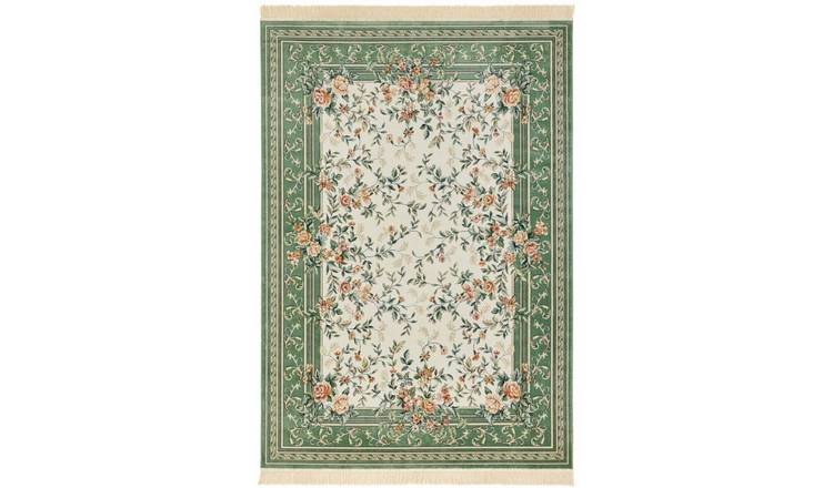 Hanse Home Green Oriental Velvet Antik Flowers Floral Fringed Rug - 95 x 140cm