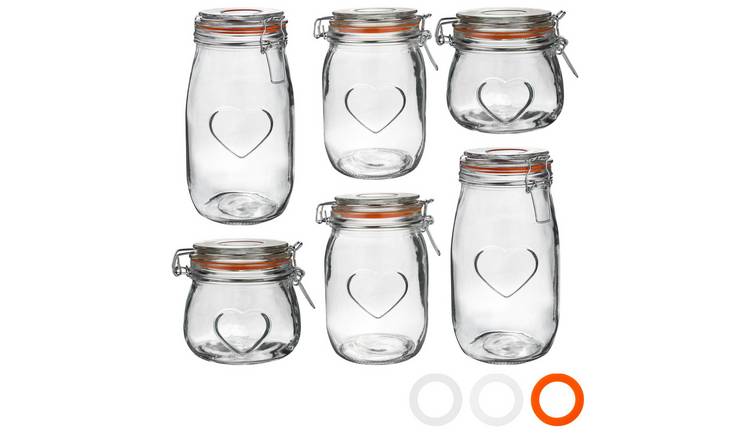 Nicola Spring Heart Glass Storage Jars - 3 Sizes - Pack of 6