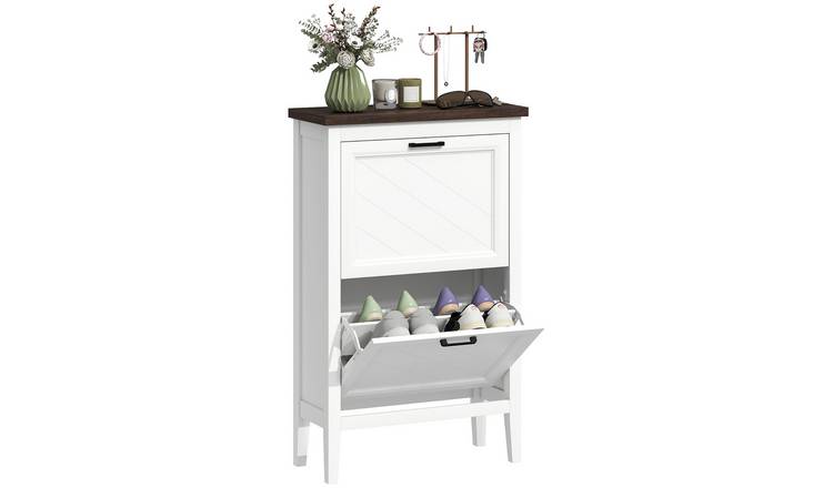 HOMCOM Farmhouse Narrow Shoe Storage Cabinet with 2 Flip Drawers- White